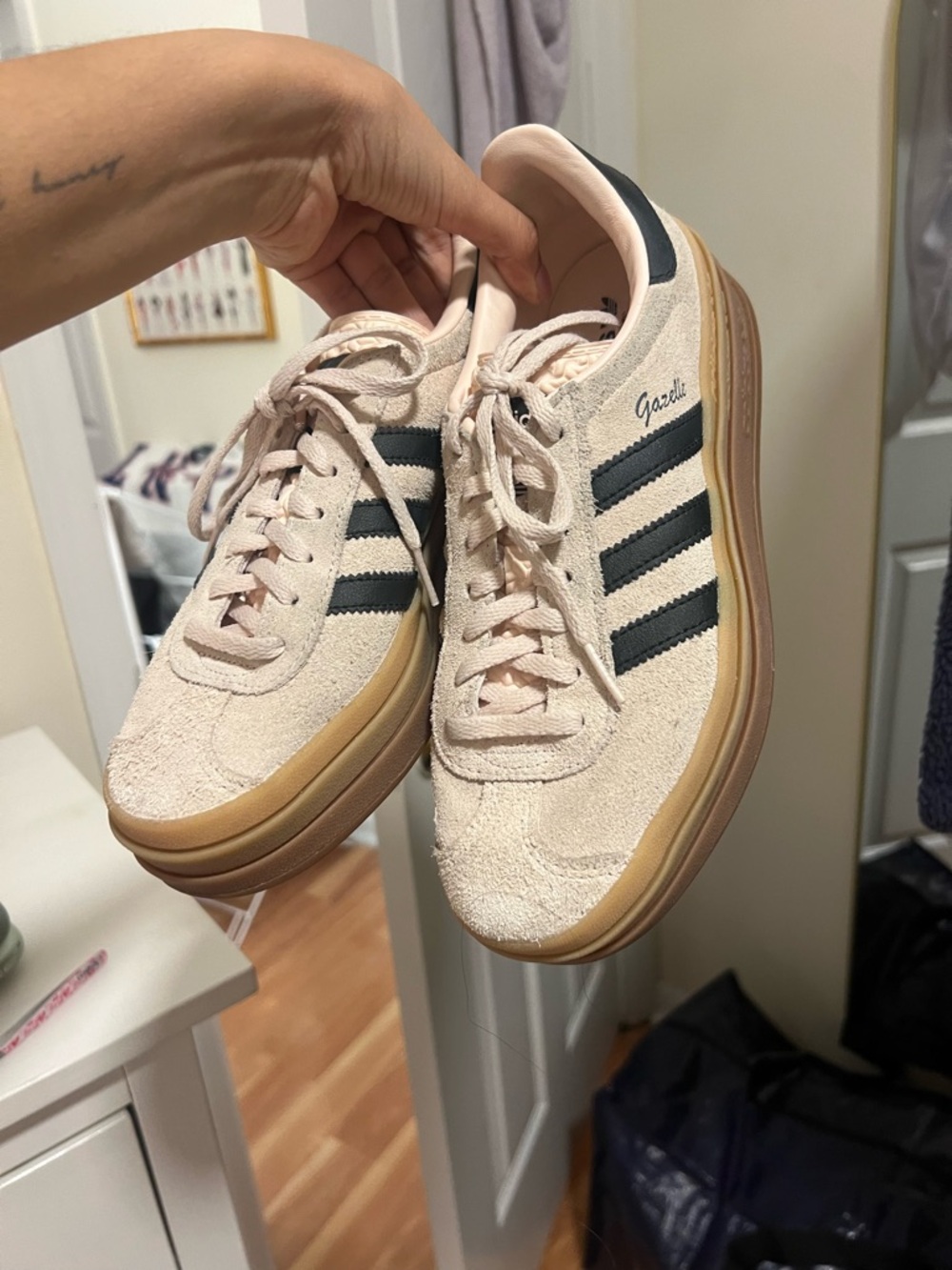 adidas Pale Pink Suede Sneakers with Black Three Stripes